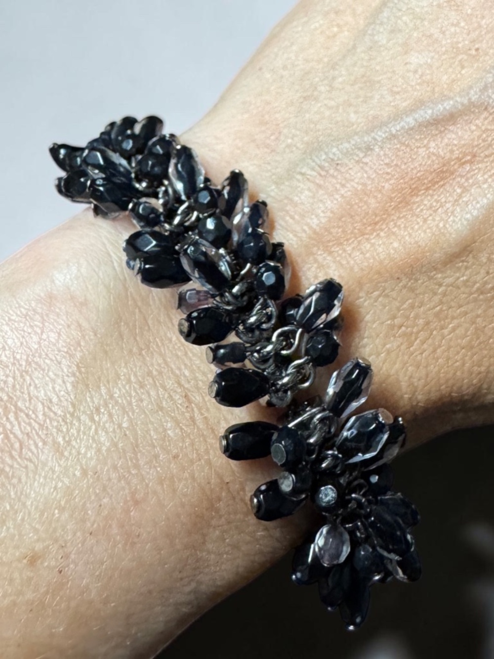 Black Smoky Crystal Fringe Dangle Stretch Bracelet Gunmetal Statement Jewelry